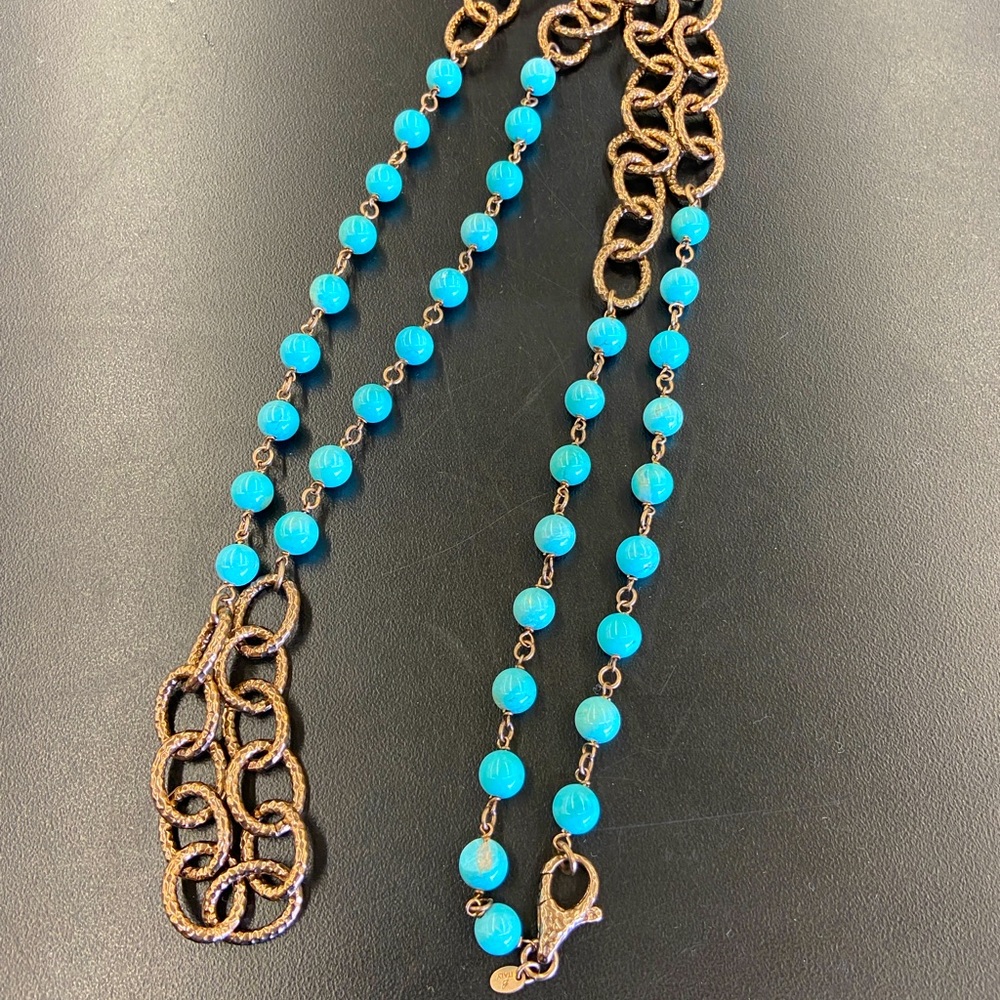 Bronzallure Italy Bronze Goldtone Hammered Chain Necklace Blue Stone Beads 38"